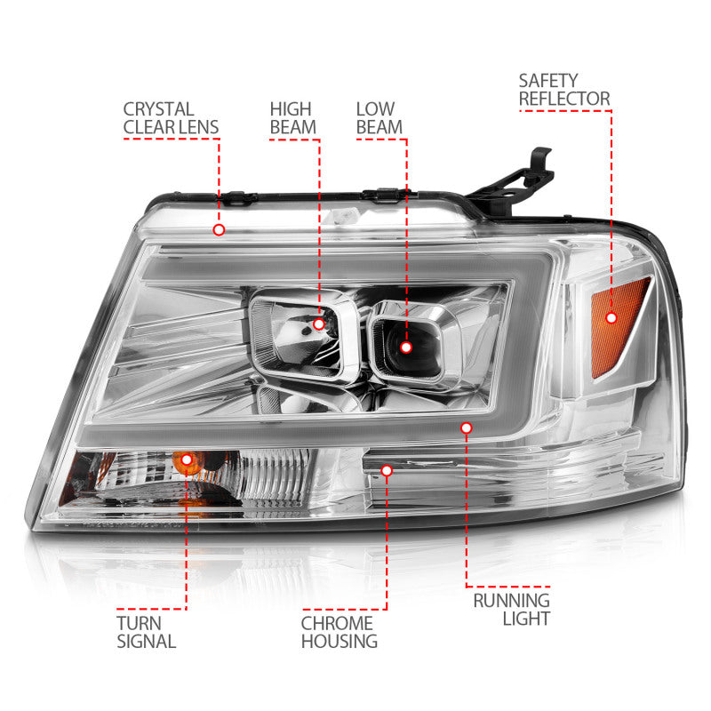ANZO 2004-2008 Ford F-150 Projector Headlights w/ Light Bar Chrome Housing