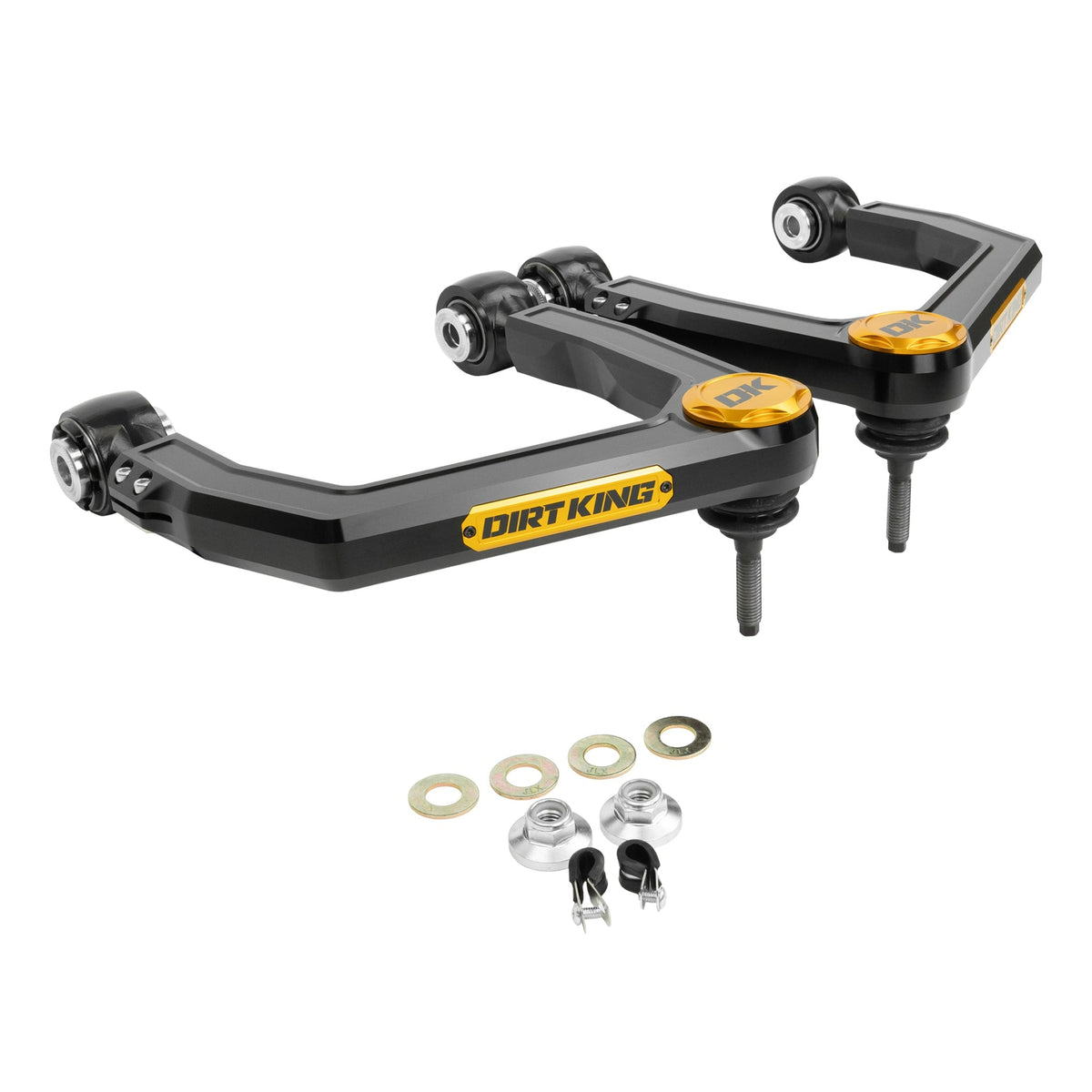 Dirt King billet upper control arms, black anodize with gold accents